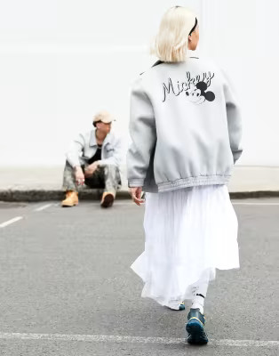 ASOS DESIGN Disney unisex oversized scuba jacket with Mickey Mouse prints in gray heather | ASOS (Global)