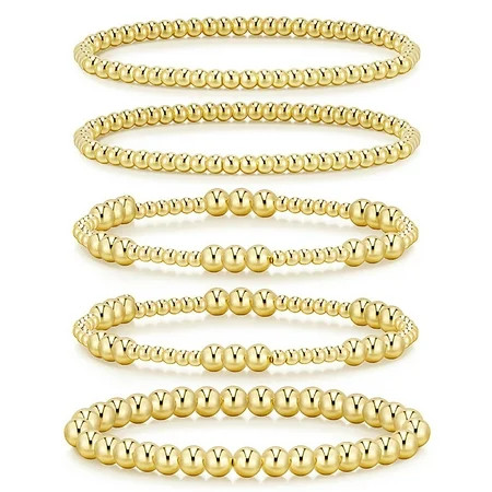 Gold Bracelets for Women, 14K Gold Plated Beaded Strand Bead Ball Bracelets stack Adjustable Jewelry Set for Gifts | Walmart (US)
