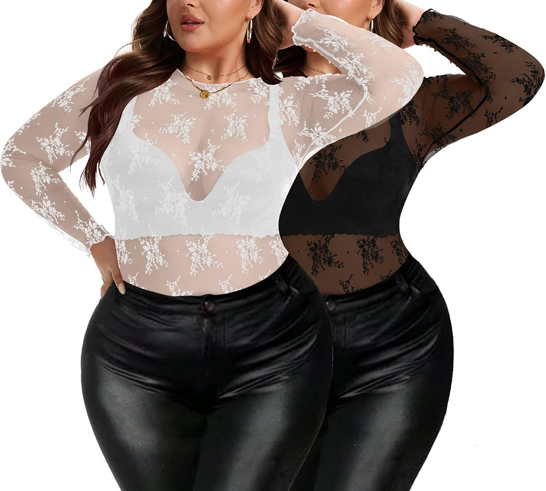 Women's Lace Mesh Top Sheer Plus Size See Through Floral Long Sleeve Mock Neck Blouse Tops | Amazon (US)