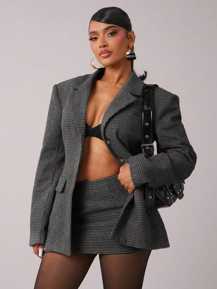 Radiana Retro Chic Commuting Brown Plaid Suit Set - Cinched Waist Blazer Jacket + Low Waist Skirt... | SHEIN