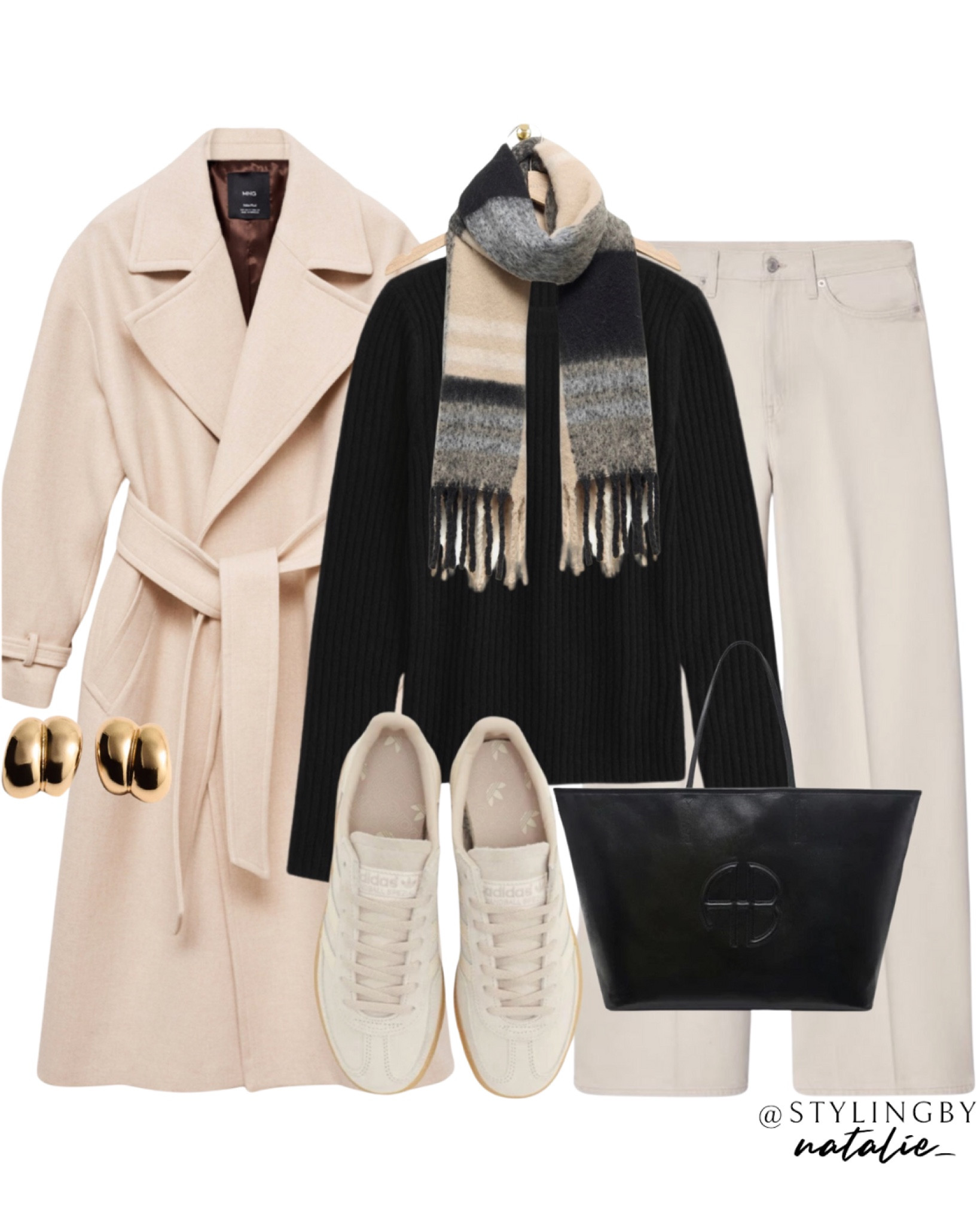 Wool tie belt coat, ribbed crew sweatshirt, cream wide leg jeans, checkered scarf, Anine Bing tote bag, gold earrings & Adidas Spezial trainers. Autumn outfit, sneakers, winter coat.

#LTKuk #LTKstyletip #LTKeurope