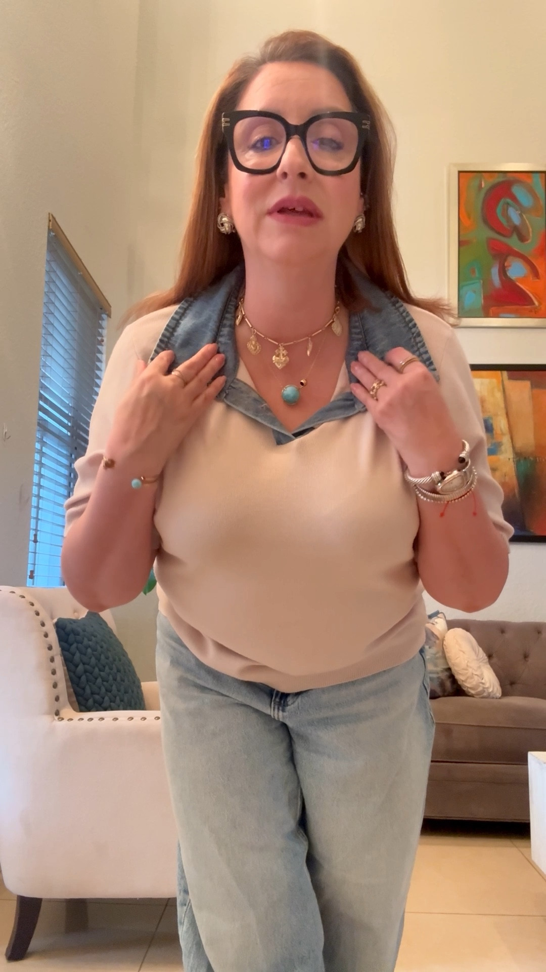 Fit check of the day.  Barrel jeans and this top with the denim collar detail. 

#LTKOver40 #LTKMidsize #LTKootd