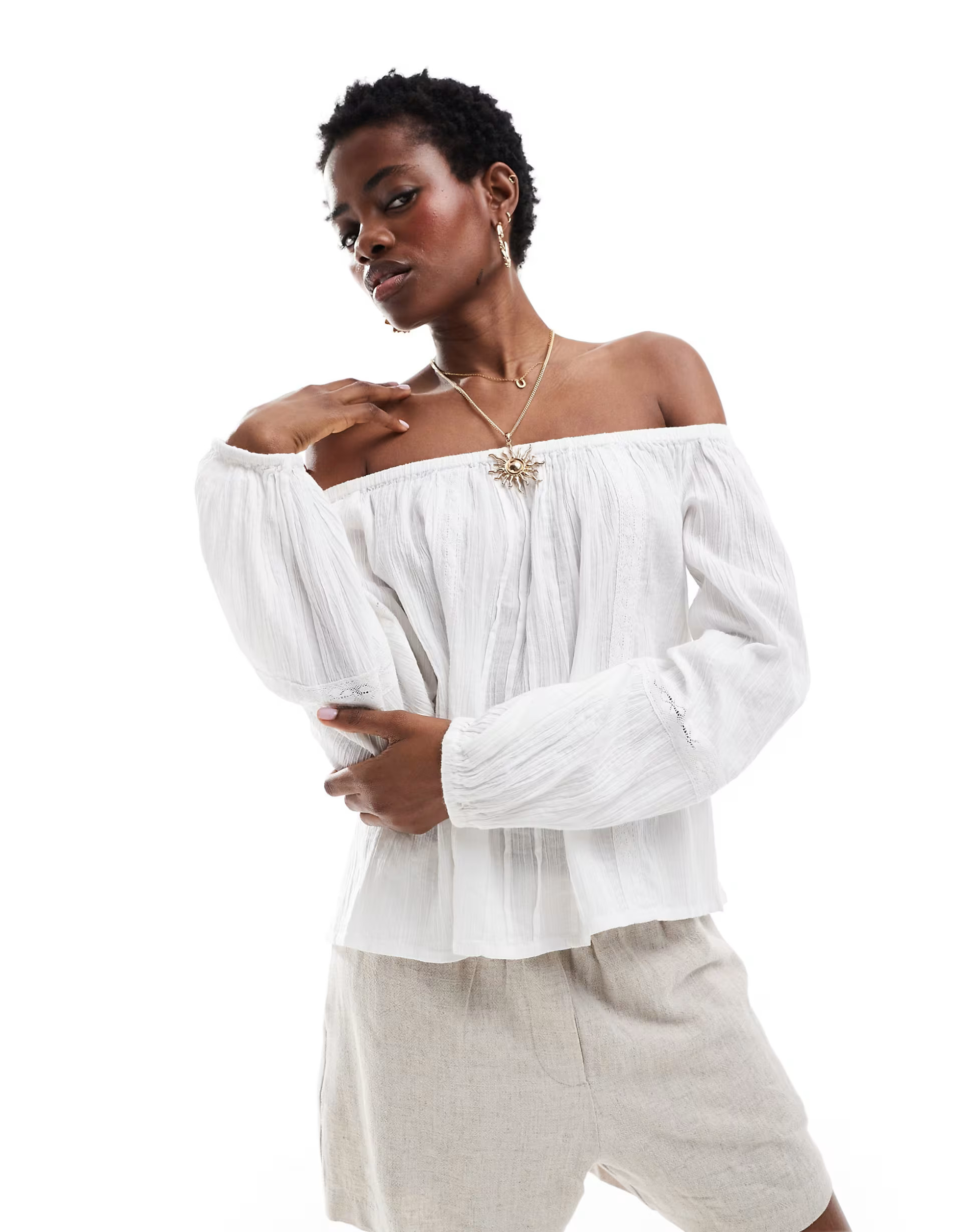 Monki off shoulder blouse with pleated bodice and volume sleeves in white | ASOS (Global)