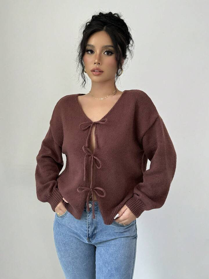 SHEIN Raffinéa Women's Solid Color Drop Shoulder Long Sleeve Front-Tie Cardigan, Autumn/Winter,L... | SHEIN