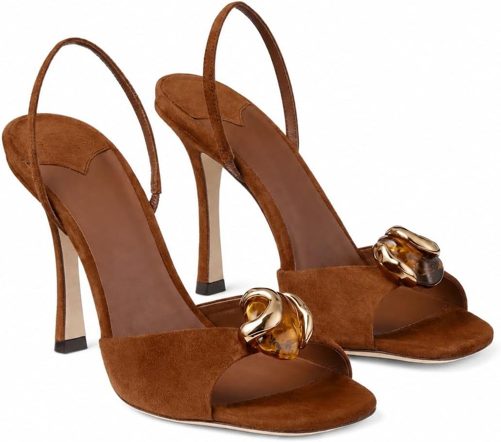 Slingback Stiletto Heel Sandals for Women Suede Resin Stone Metal Hardware Square Open Toe Mules Slip On Party Prom Sexy Dress Shoes | Amazon (US)