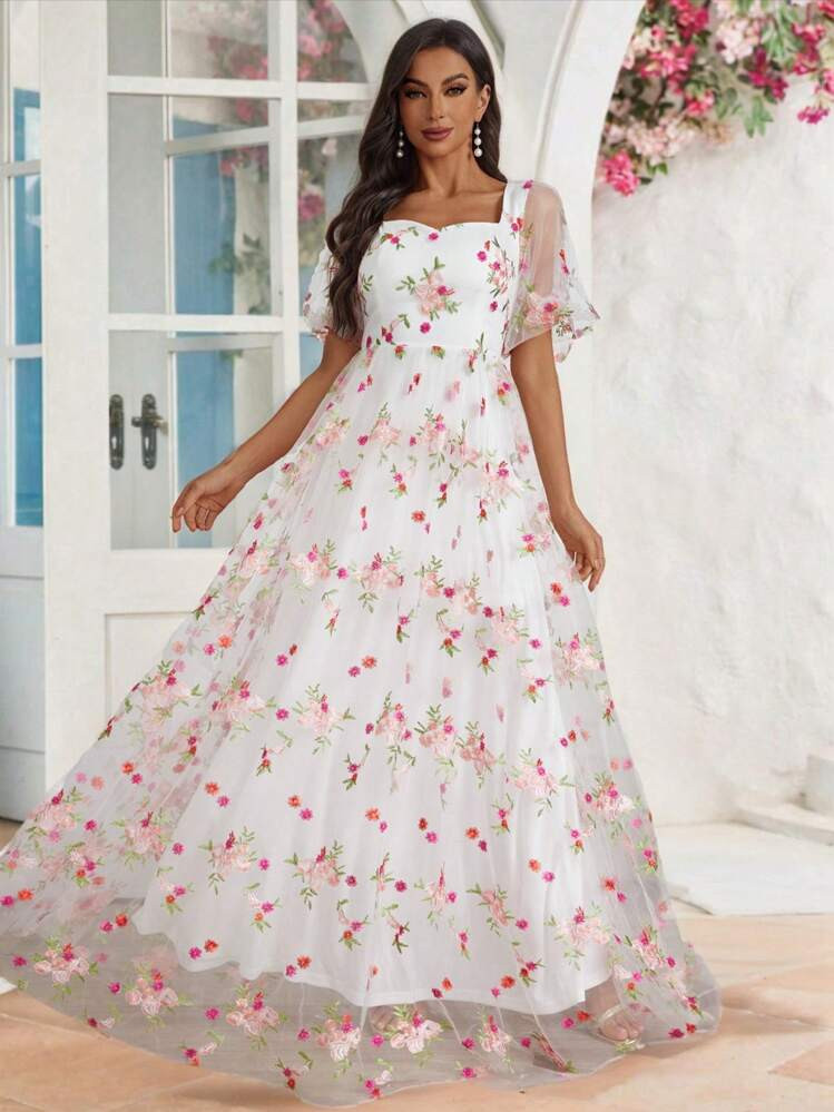 SHEIN Belle Elegant Floral Embroidery Mesh Bubble Short Sleeve Formal Dress | SHEIN