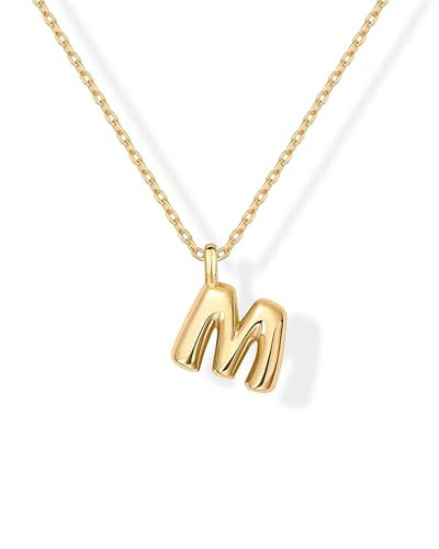 PAVOI 14K Yellow Gold Plated Dainty Chunky Bubble Initial Letter Pendant Necklace for Women - Alphabet M Letter Necklace | Amazon (US)