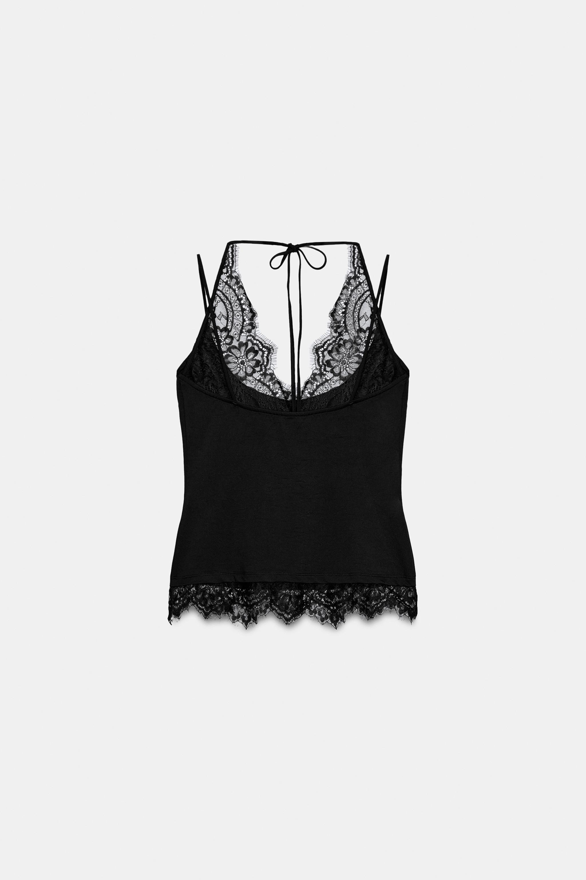 Top made of stretch fabric. Mixed neckline with spaghetti straps. Tonal lace detail. | Zara US