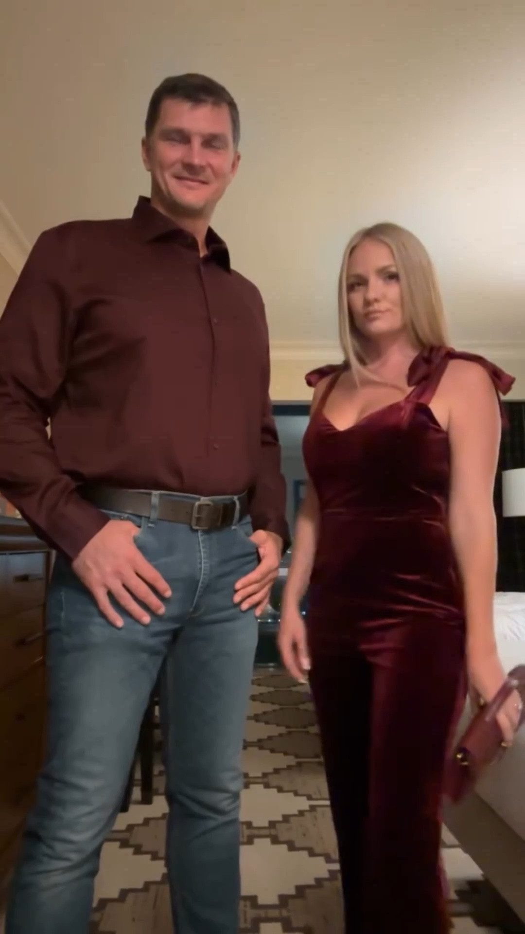 I’m in love with these velvet burgundy jumpsuit! I’m wearing size M.

My husband is 6’5” so he’s wearing big and tall clothes. I like a Banana republic factory to buy clothing for him. He’s wearing XXL tall shirt.

holiday outfit ideas, holiday party looks, couple holiday style, before and after transition reel, robe to glam transition, velvet jumpsuit outfit, burgundy holiday outfits, tall men fashion, big and tall mens outfit, holiday date night looks, festive couple outfits, winter fashion inspo, holiday glam style, party outfit ideas, couple transition reel
#holidaystyle #coupleoutfits #beforeandafterreel #holidayfashion #velvetjumpsuit #tallmenstyle #vicipartner #viciambassador #vici #vicicollection

#LTKHoliday #LTKootd #LTKMens