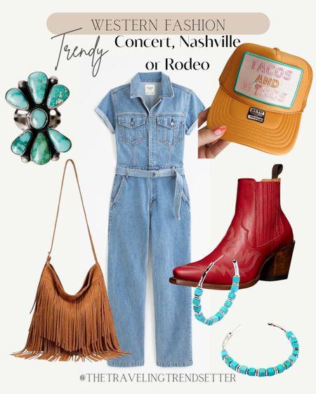 Western fashion , trendy concert outfit idea , rodeo , Nashville outfit , jumpsuit , romper , trucker hat , cowgirl boots booties , turquoise , Cowgirl , country 

#LTKitbag #LTKfindsunder100 #LTKstyletip