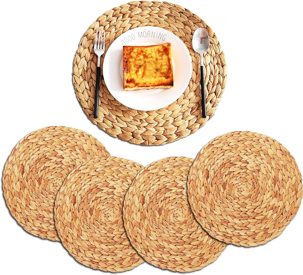 ZKZNsmart 4pcs Natural Water Hyacinth Weave Placemat Heat-Resistant Non-Slip Woven Handmade Round... | Amazon (US)