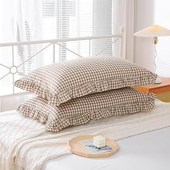 2 Pack Taupe White Plaid Gingham Ruffle Pillow Shams Standard Size 20x26 inches, 100% Washed Cott... | Amazon (US)