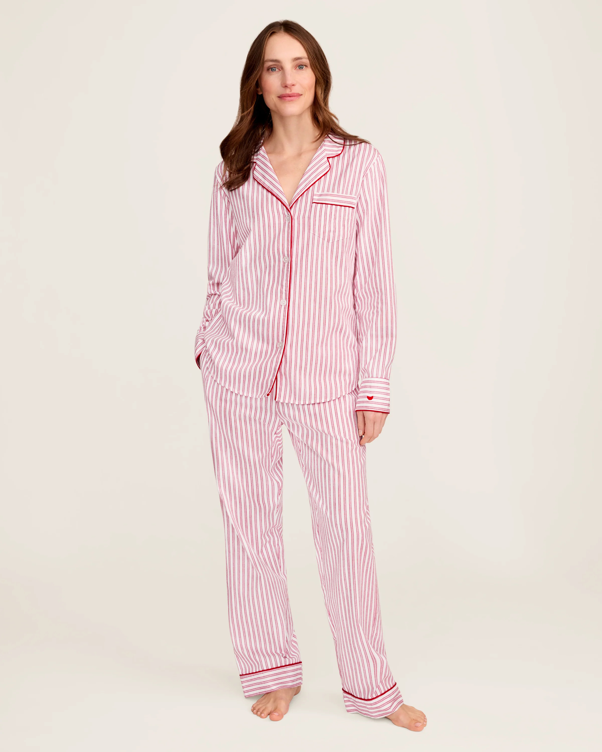 Women's Twill Pajama Set in Antique Red Ticking | Petite Plume