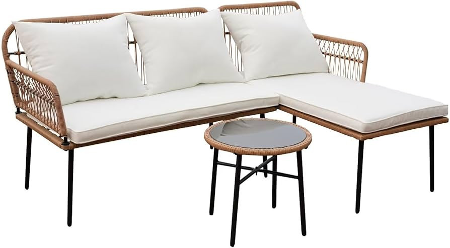 Homsido 3 Pieces Patio Furniture Set, L-Shaped Outdoor Chaise Lounge Wicker Rope Boho Patio Bistr... | Amazon (US)