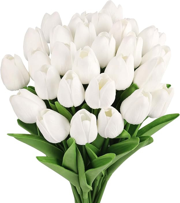 MACTING 30 PCS Artificial Tulip Flowers 13.7" Real Touch Fake PU Tulips Bouquet Faux White Flower... | Amazon (US)