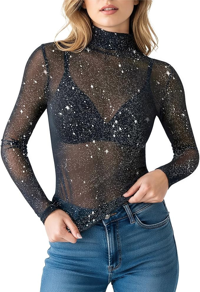 MANGOPOP Womens Mesh Tops Long Sleeve Glitter Sheer Top Sexy Stretchy See Through Sparkly Shirts ... | Amazon (US)