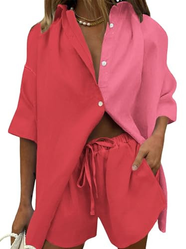 Fixmatti Women 2 Piece Outfit Summer Colorblock Shorts Set Button Down Shirt and Shorts Y2K Streetwear Red S | Amazon (US)