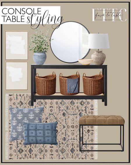 Console Table Styling. Follow @farmtotablecreations on Instagram for more inspiration.

Threshold Console Table with Woven Rattan Shelf Black. Vintage Persian Linen Rectangular Woven Outdoor Rug Multicolor Naturals. Round Vintage French Tall Wicker Basket - Threshold. 34" Round Decorative Wall Mirror. Checkered Knit with Neps Throw Blanket. Woven Block Print Square Throw Pillow. Artificial Olive Leaf Arrangement. Aluminum Dual Candle Holder. 16"x20" White Patches Embellished Framed Wall Art Canvas. Tufted Geo Lumbar Throw Pillow. Concrete Planter with Antique Finish. Ceramic Carved Bowl. Trubeck Tufted Metal Base Ottoman Faux Leather Brown. Entryway Decor. Entryway Styling. Threshold Studio McGee. 

#LTKhome #LTKfindsunder50 #LTKsalealert