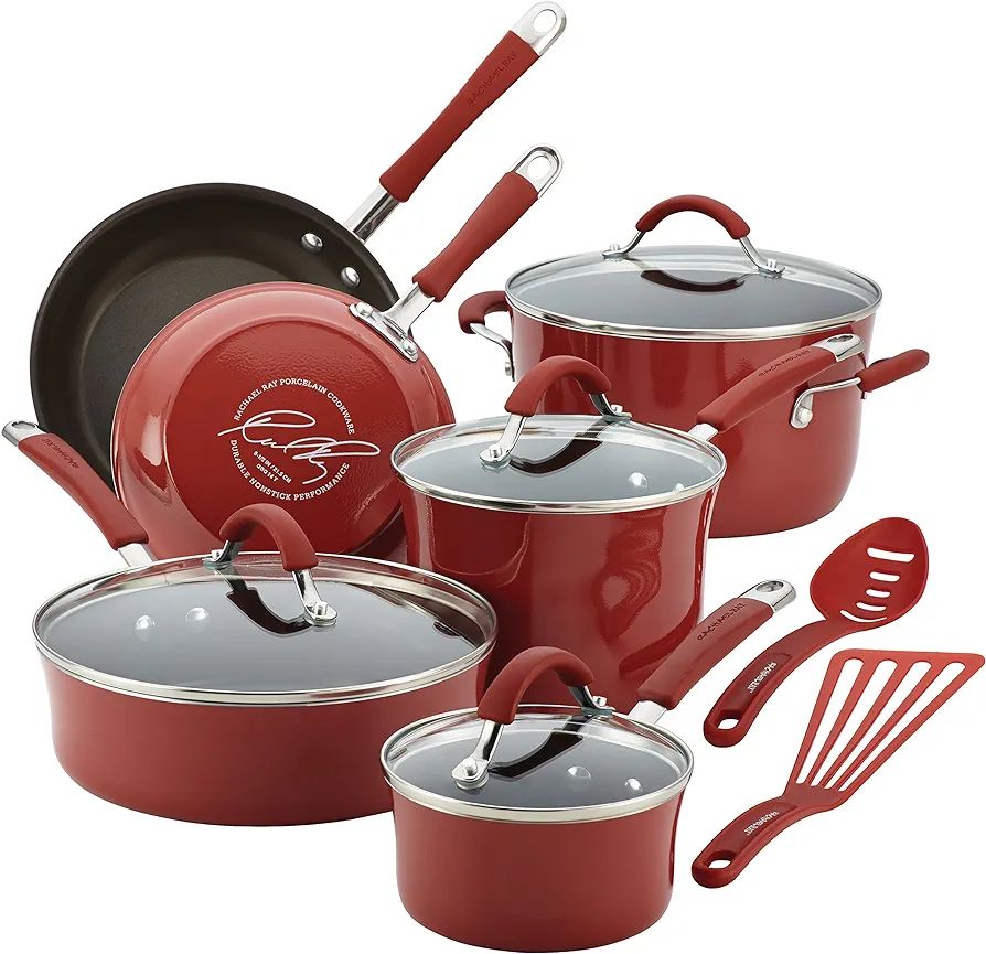 Rachael Ray Cucina Nonstick Cookware Pots and Pans Set, 12 Piece, Cranberry Red | Amazon (US)