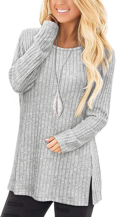 Jescakoo Long Sleeve Shirts for Women Crew Neck Fall Tops Side Split Lightweight Tunic Sweaters F... | Amazon (US)