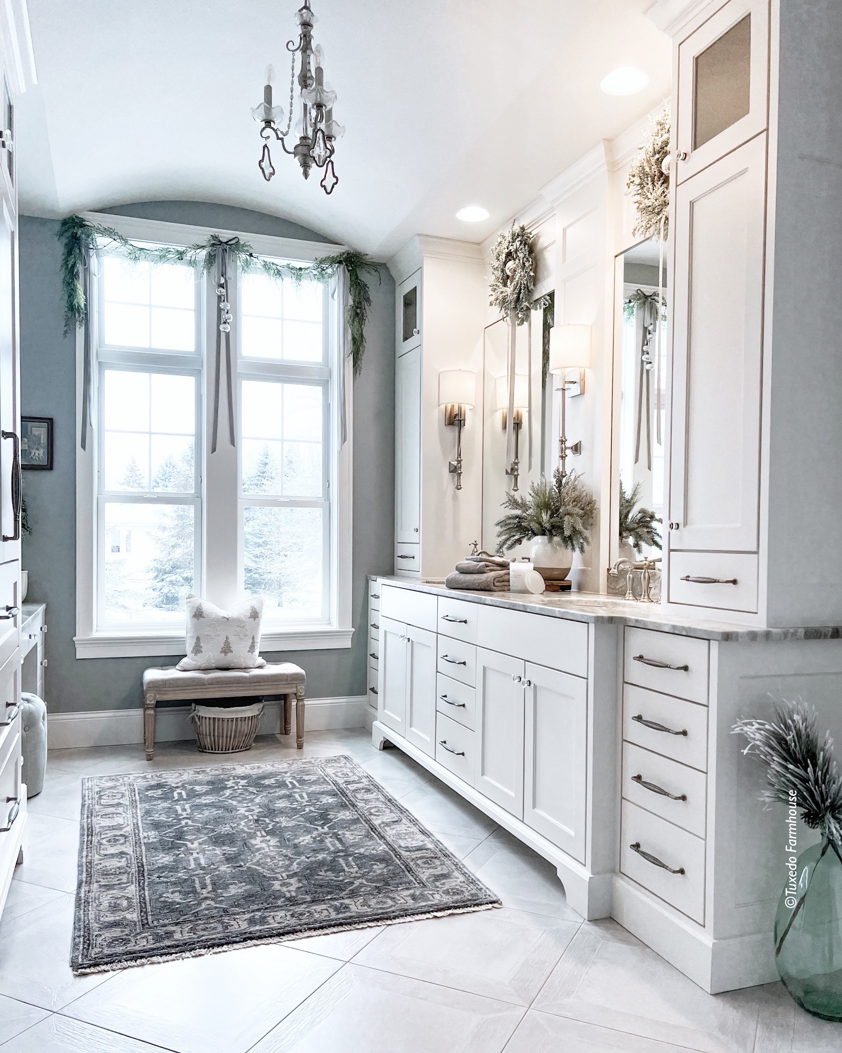 Primary bathroom refresh. Bathroom rug, bathroom faucets, bathroom lights, bathroom sink, small bench, holiday pillows, holiday wreaths, holiday decor, Christmas decor  

#LTKstyletip #LTKSeasonal #LTKHoliday