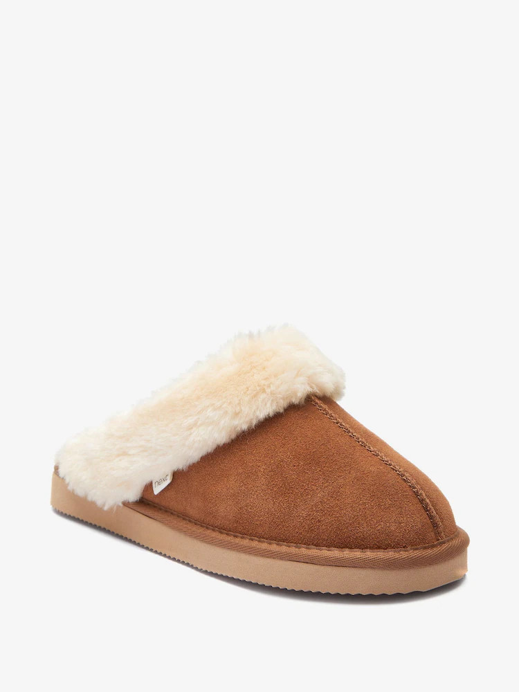 Chestnut Brown Faux Fur Lined Suede Mule Slippers | Next EU
