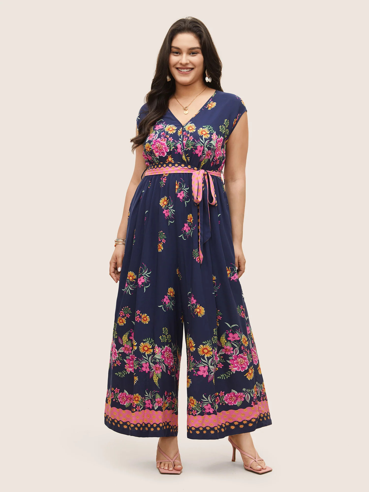 Boho Print Overlap Collar Belted Sleeveless Jumpsuit | Bloomchic
