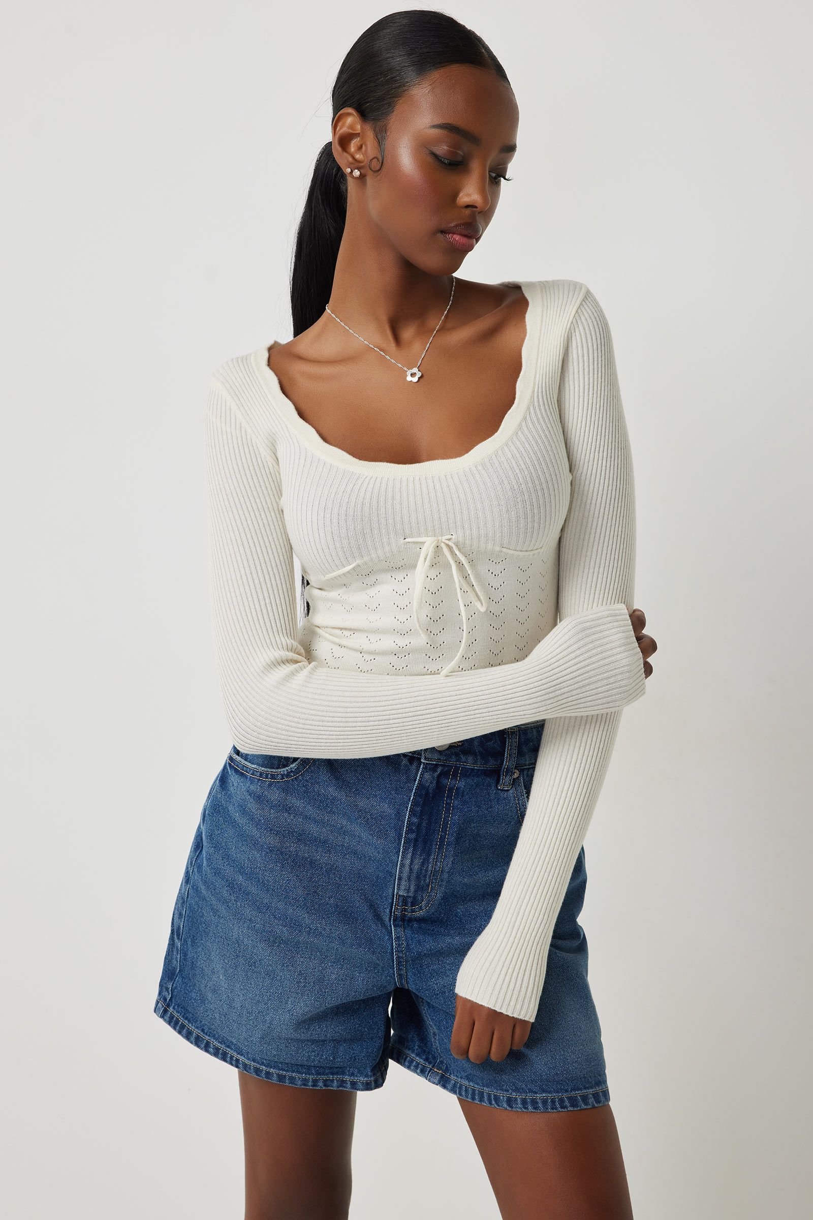 Pointelle Long Top With Bow Detail | Ardene | Ardene