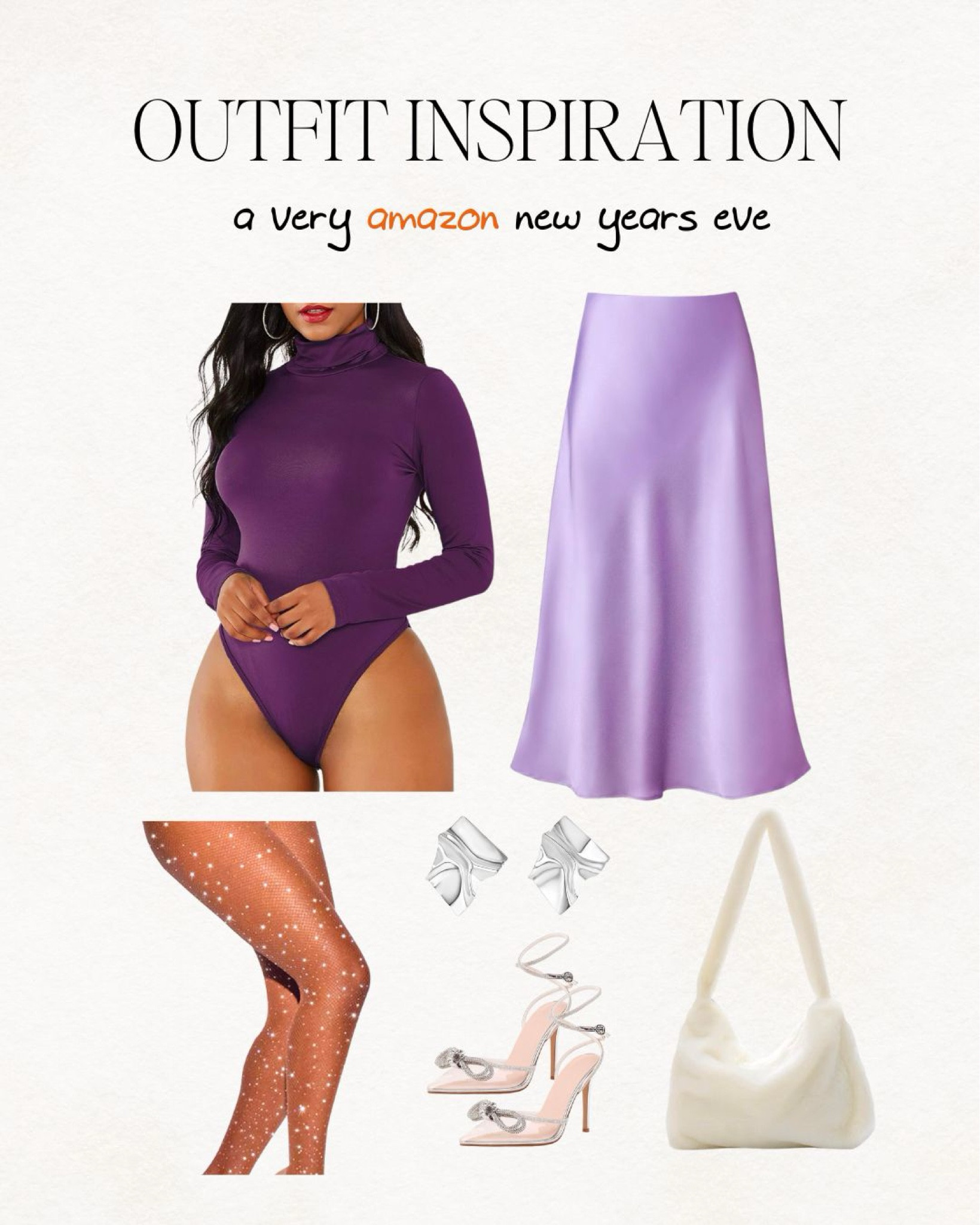 last minute new years outfit, new years eve, purple turtleneck, mock neck, satin skirt, sparkle tights, sheer tights, silver earrings, clear heels, silver heels, bow, furry purse, fuzzy purse, white bag, going out outfit

#LTKparties #LTKHoliday #LTKSeasonal