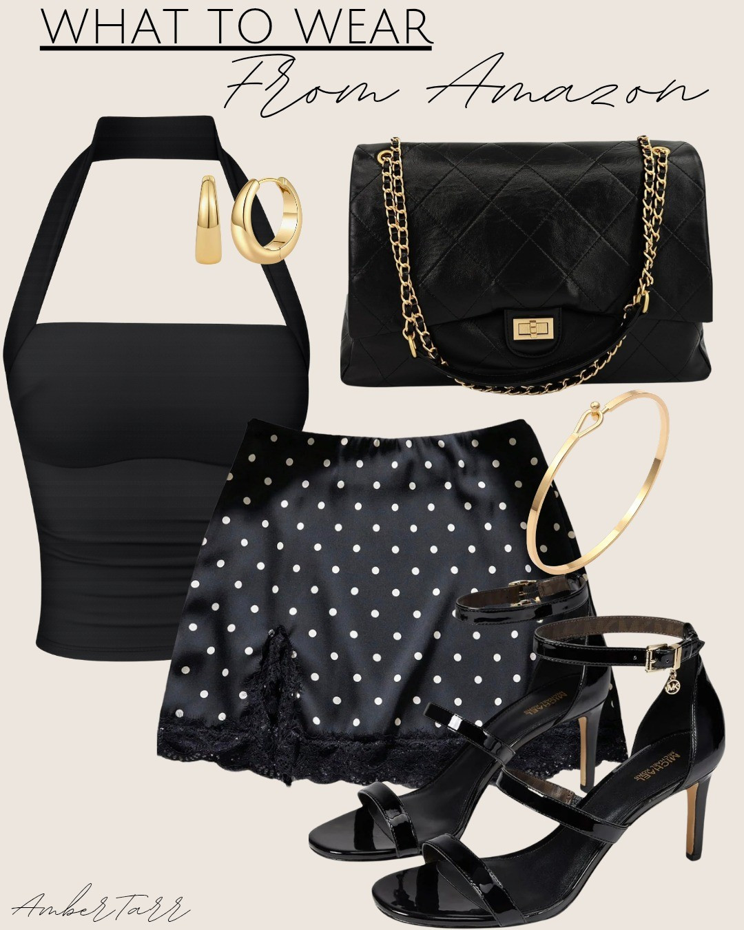 Black date night outfit from Amazon that is sleek, feminine, and so easy to style. A black halter crop top paired with a satin polka dot lace hem mini skirt, a quilted black chain crossbody bag, black patent strappy heels, gold hoop earrings, and a delicate gold bangle bracelet — this look is effortlessly chic and perfect for a dinner date, girls night out, or any occasion where you want to feel put together without overthinking it.

#LTKgrwm #LTKootd #LTKOver40