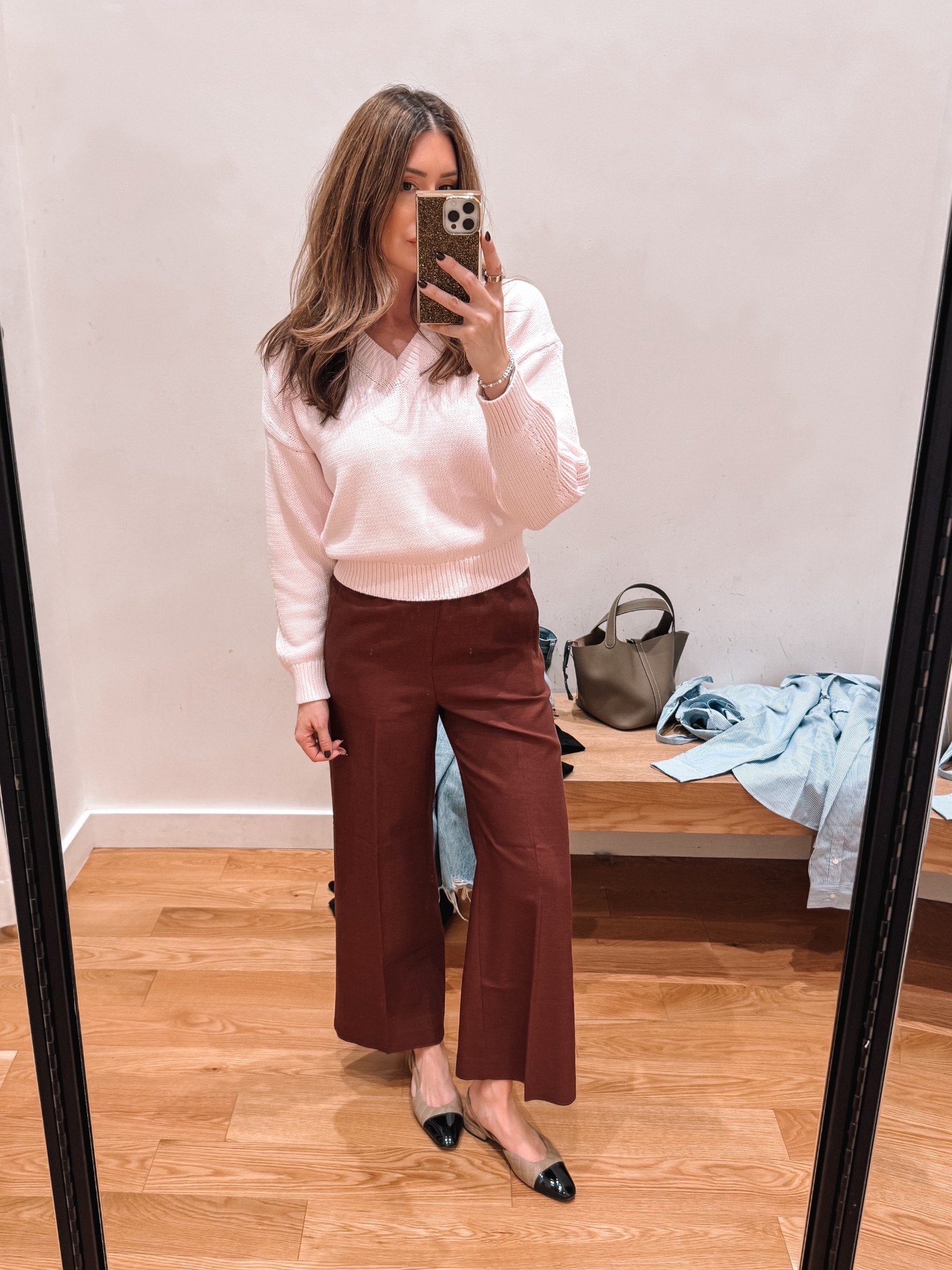 Small in sweater, small petite in pants but need regular smalls for my usual fit 