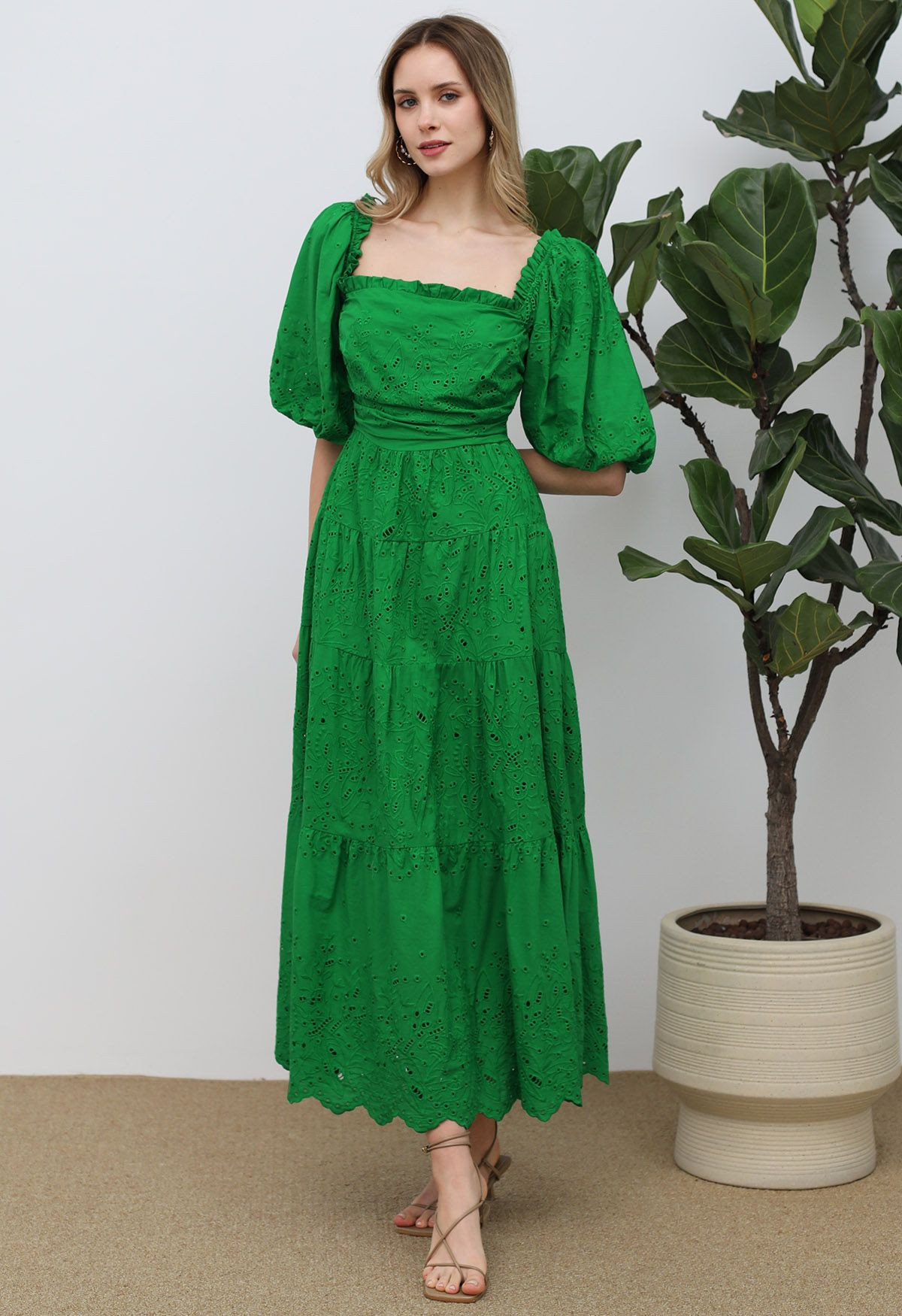 Bubble Sleeve Eyelet Embroidered Maxi Dress | Chicwish