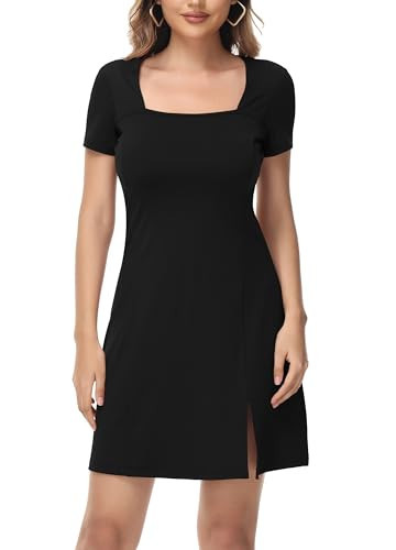 ZTN Women's Sexy Square Neck Bodice Dress Short Sleeve Stretch Side Slit Flare Work Casual A Line Dresses Athletic Tennis Black 2XL | Amazon (US)