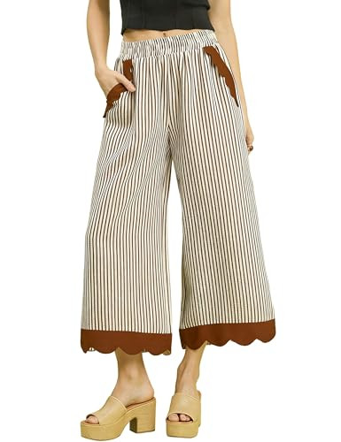 Faleave Women's Striped Wide Leg Cropped Pants Elastic Waist Scalloped Hem Casual Trousers with P... | Amazon (US)
