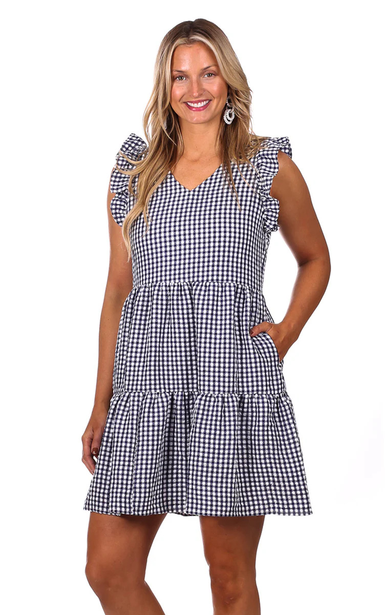 Gwen Dress in Navy Textured Gingham | Duffield Lane