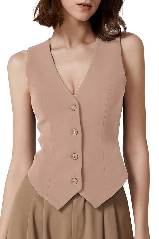 QINSEN Womens V Neck Vest Top Sleeveless Button Down Fully Lined Solid Going Out Crop Tops | Amazon (US)