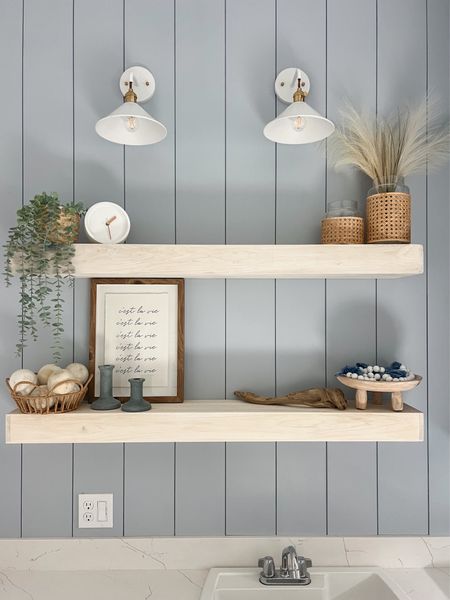 Our laundry room shelves, open shelves, sconce lighting 

#LTKhome