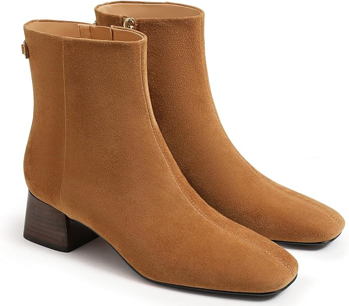 Coutgo Womens Ankle Boots Chunky Low Heel Square Toe Booties Side Zipper Winter Dress Shoes | Amazon (US)