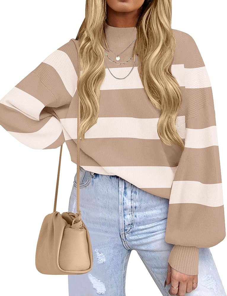 ZESICA Women's 2023 Fall Fashion Turtleneck Long Sleeve Striped Ribbed Knit Loose Pullover Sweater T | Amazon (US)
