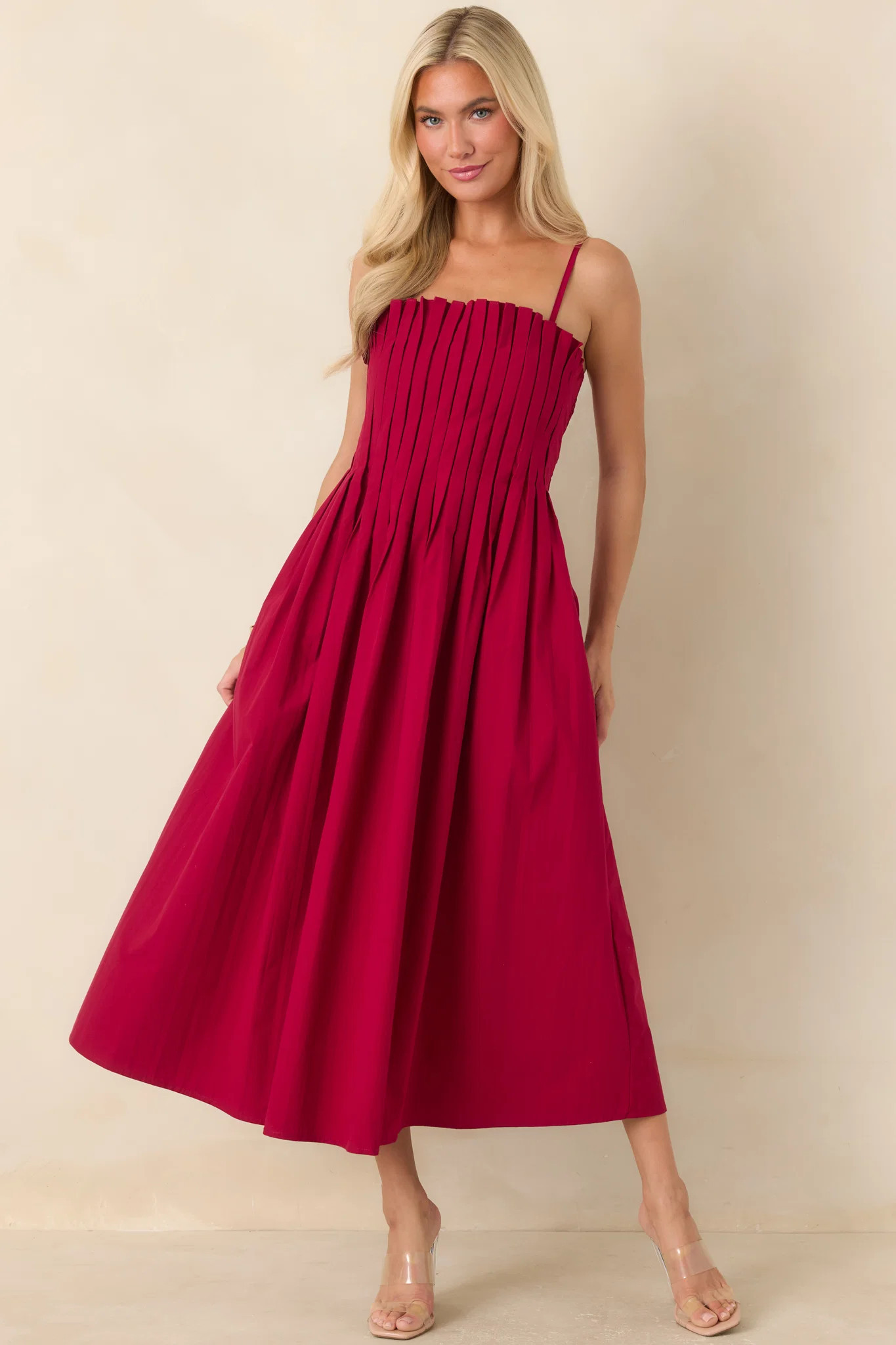 A Reason to Celebrate Ruby Red Pleated Cotton Midi Dress S / Red | Red Dress