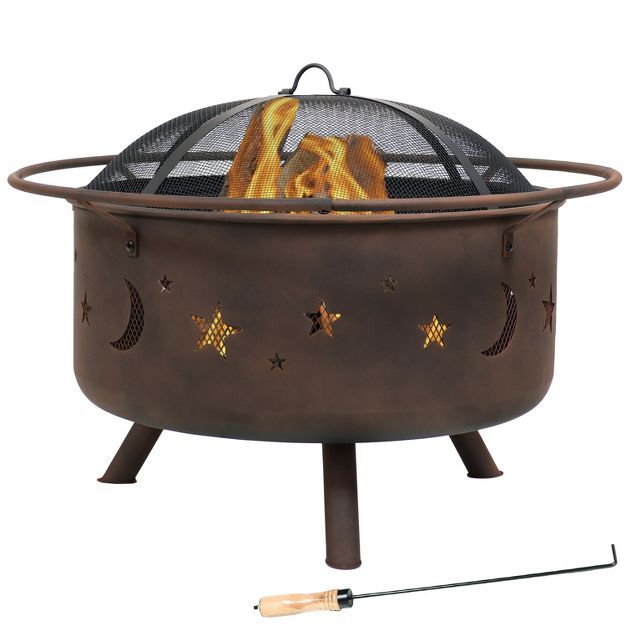 Sunnydaze Outdoor Camping or Backyard Round Cosmic Stars and Moons Fire Pit with Cooking Grill Gr... | Target