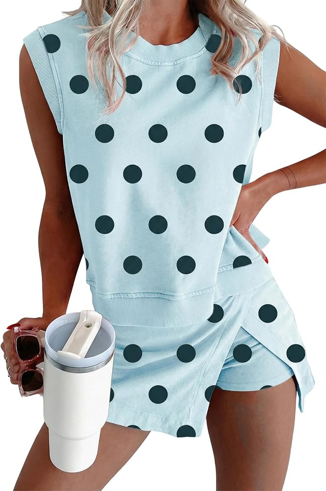 KevaMolly Womens Lounge Sets Ribbed Trim Polka Dot Print Tank Split Mini Skort 2pcs Set Sleeveles... | Amazon (US)