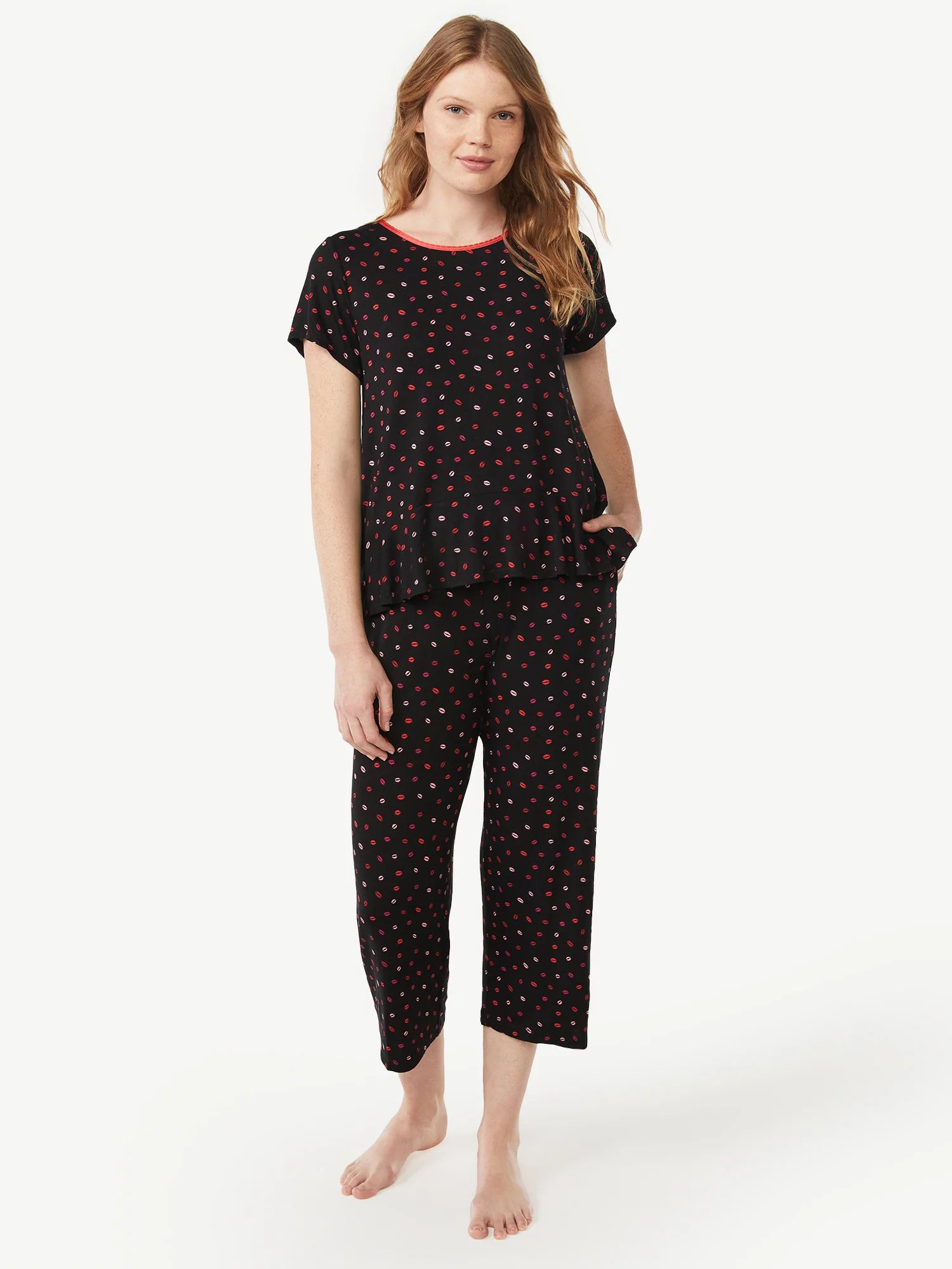 Joyspun Women's Jewel Neck Flutter Sleeve Pajama Set, Sizes S to 3X - Walmart.com | Walmart (US)