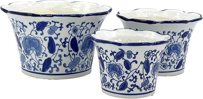 Galt International 8"/6"/4.5" Blue & White Floral Porcelain Ceramic Decorative Flower Pot Garden ... | Amazon (US)