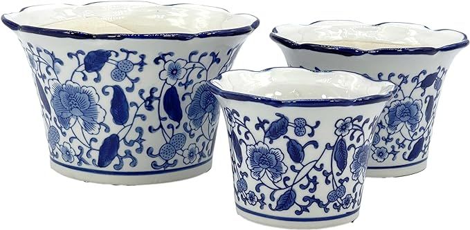 Galt International 8"/6"/4.5" Blue & White Floral Porcelain Ceramic Decorative Flower Pot Garden ... | Amazon (US)