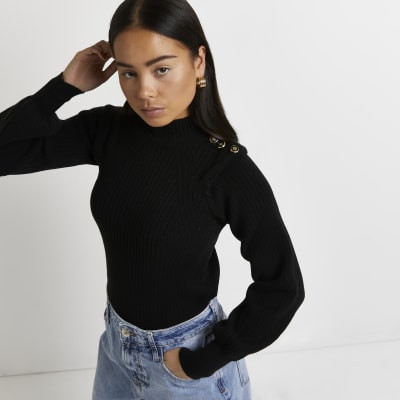 Petite black extended shoulder knit jumper | River Island (UK & IE)