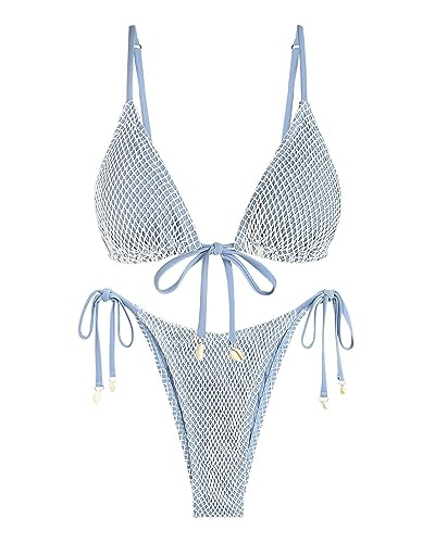 ZAFUL Women Triangle String Two Piece Bikini Fishnet Mesh Tie Shell Decor Tanga 2 Piece Swimsuit Light Blue L | Amazon (US)