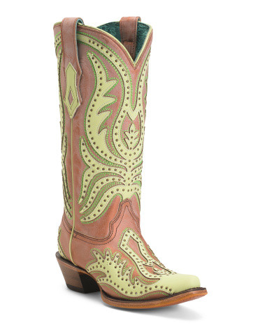 Made In Mexico Studded Overlay Fluorescent Embroidered Western Boots | TJ Maxx