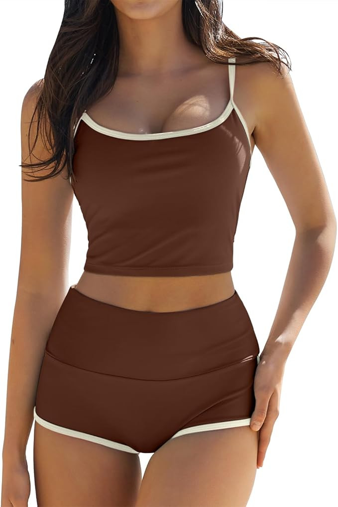 QINSEN Women's Two Piece Swimsuit Spaghetti Strap Crop Top with High Wasited Boyshort Style Bikin... | Amazon (US)