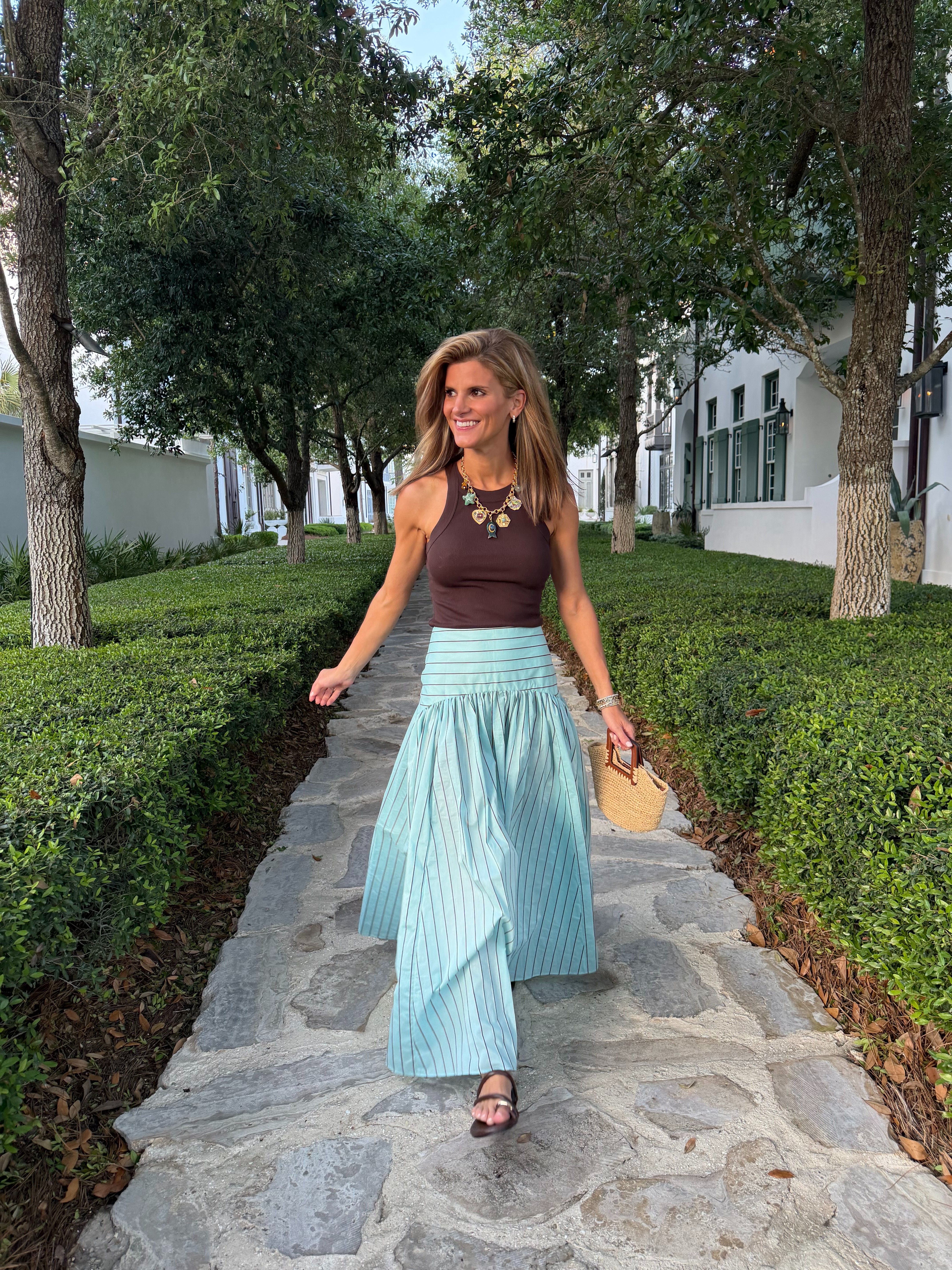 Staud drop waist teal/brown striped skirt and reformation brown tank 

 